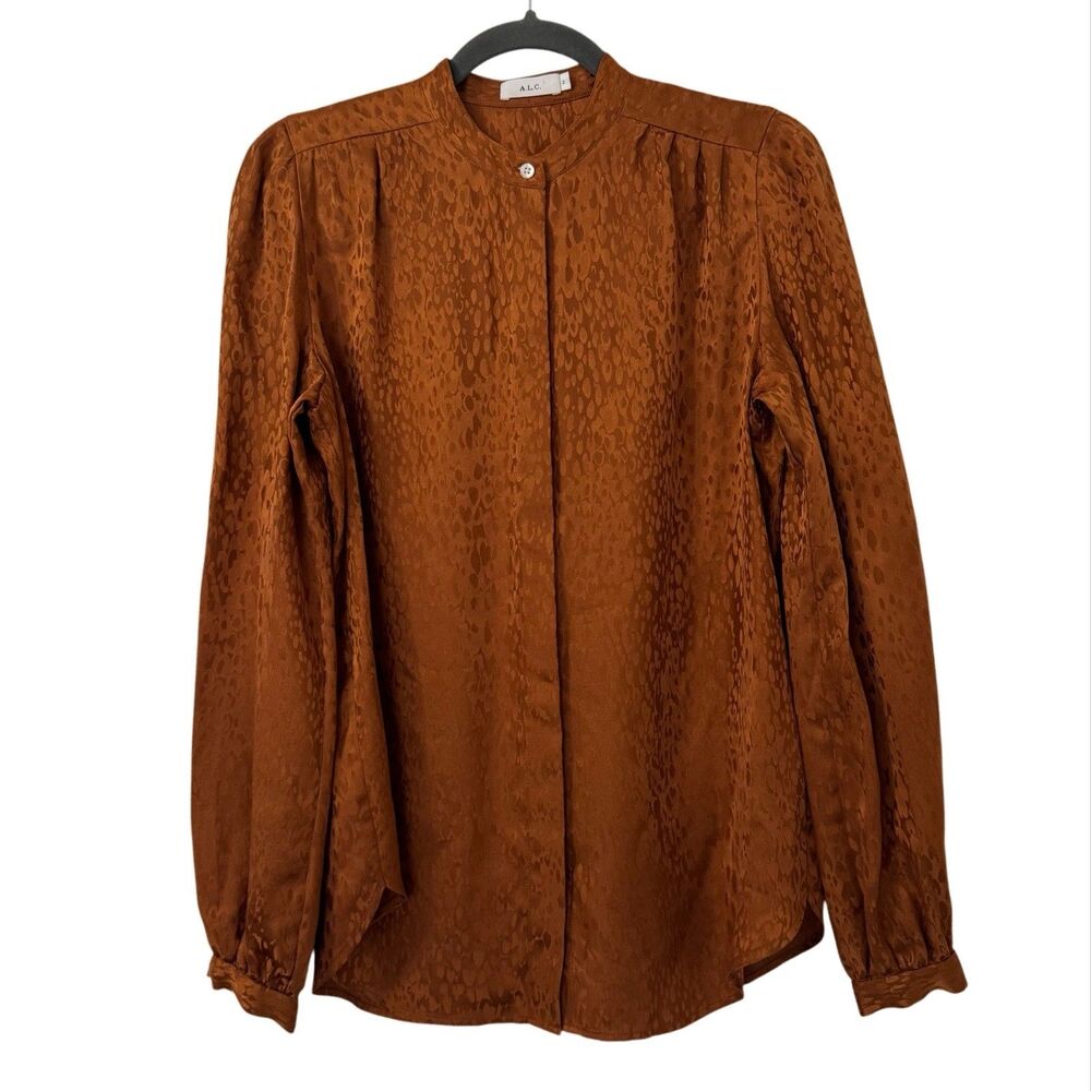 A.L.C Owens Silk Jacquard Top Womens 2 Rust Brown Leopard Print Business Casual